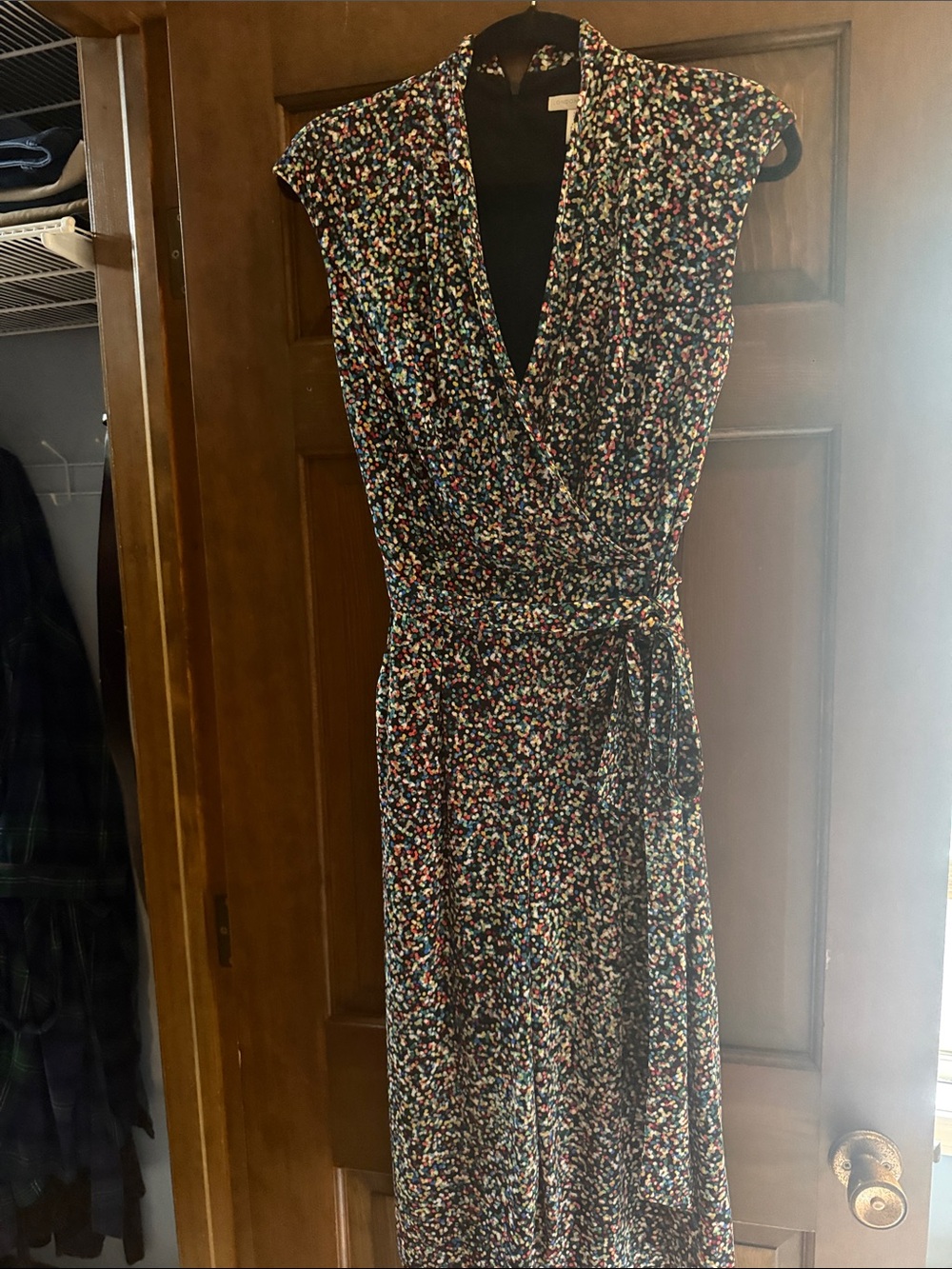 London Times Black Multi-Color Speckled Midi Wrap Dress
